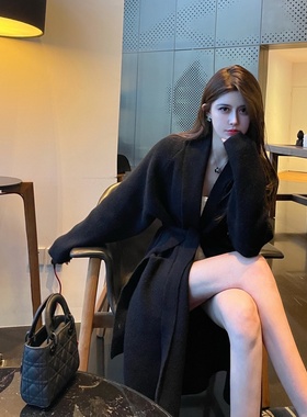 M900毛衣外套女春秋针织开衫2026新款黑色中 长款慵懒风宽松百搭