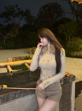 M900翻毛领长袖2026短款毛衣外套女秋冬针织开衫上衣时尚气质穿搭