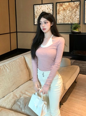 M900打底衫2024新款女粉秋冬内搭上衣长袖t恤超显身材短款假两件