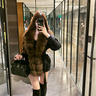 M900狐狸毛领黑色针织开衫女2026新款秋冬系带收腰慵懒风毛衣外套