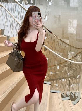 M900修身显瘦性感紧身开叉吊带连衣裙女秋冬新款包臀裙内搭打底裙