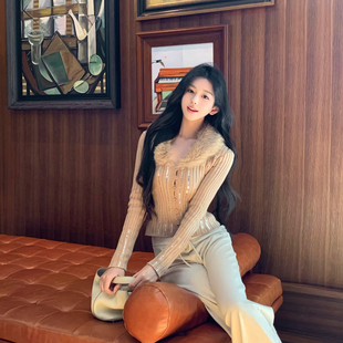 显瘦短款 亮片设计感修身 毛衣 高级感杏色毛绒领针织上衣女 M900