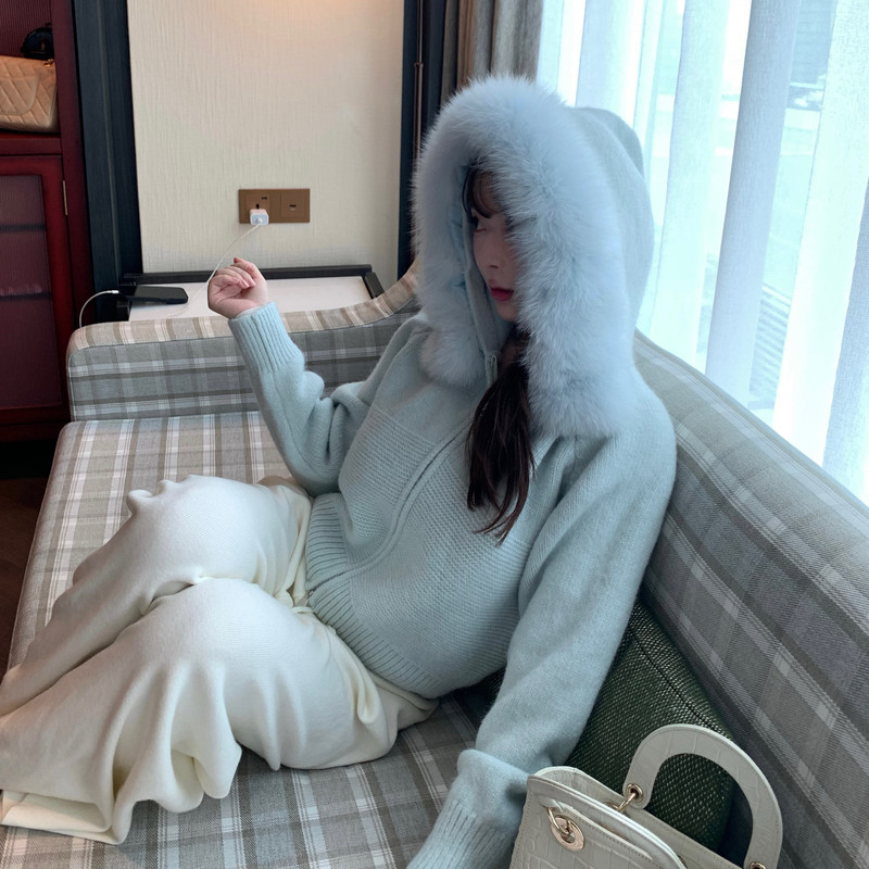 M900外套女2025新款连帽短款百搭秋冬针织开衫气质小个子狐狸毛领