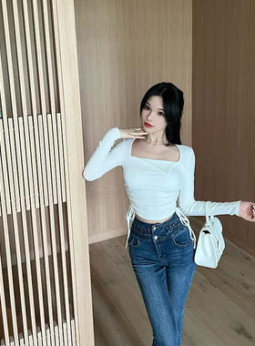 M900白色短款女长袖上衣t恤2026新款辣妹体恤小众设计感方领秋季