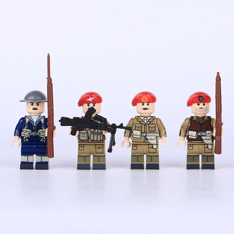 二战英军空降士兵迷彩陆战队炮手武器头盔小颗粒积木第三方人仔