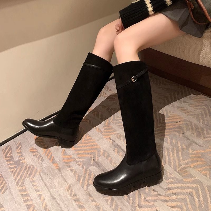 低跟长筒靴女24秋冬新款磨砂骑士靴拼接粗腿皮靴子平底长靴