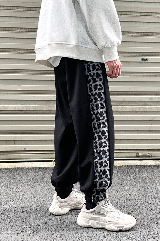 B308-H280-P55冬季加绒加厚豹纹束脚拼接休闲裤卫裤子男女主推,男装休闲裤,电商D232
