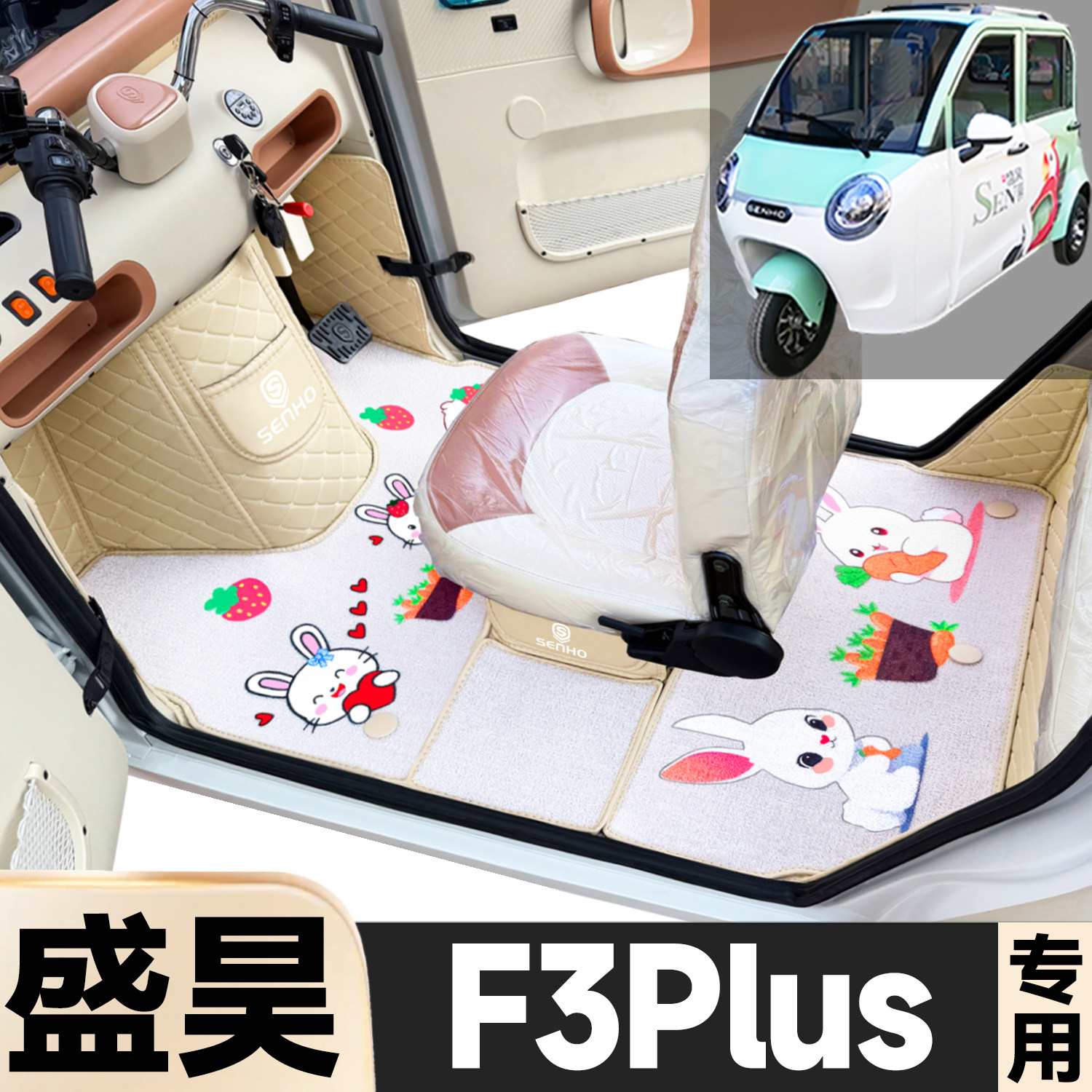 盛昊F3Plus专用卡通图案低速电动三轮老年代步防滑全包围电车脚垫