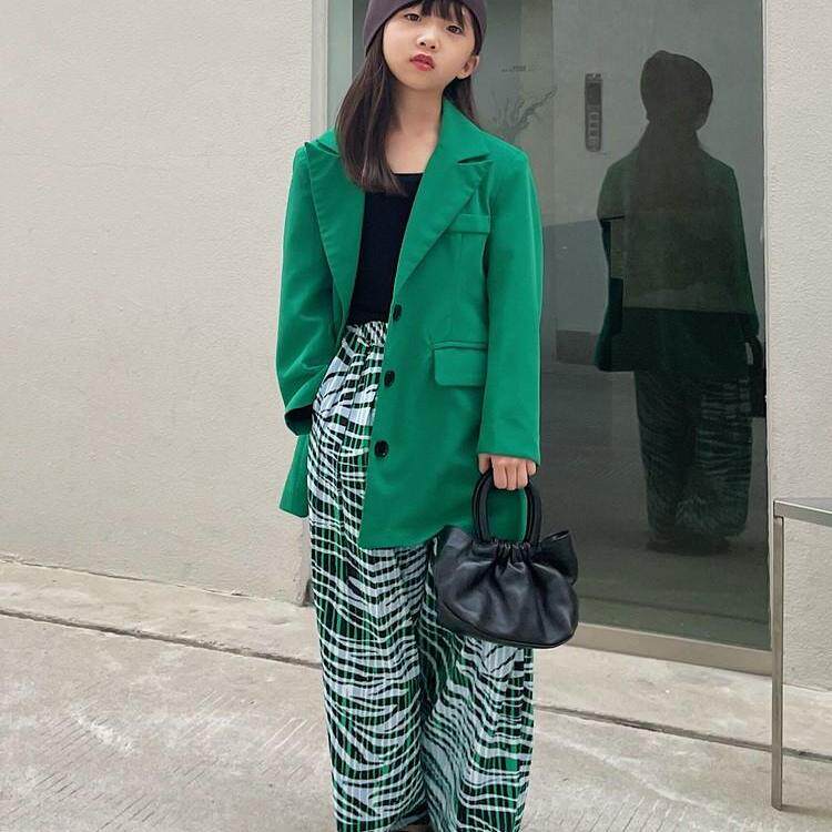 豆丁奇遇女童夏季2025新款绿色西装外套韩版大中童时髦西服童装薄