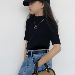 豆丁奇遇儿童时尚黑色条纹半高领修身女童短袖T恤上衣中大童洋气