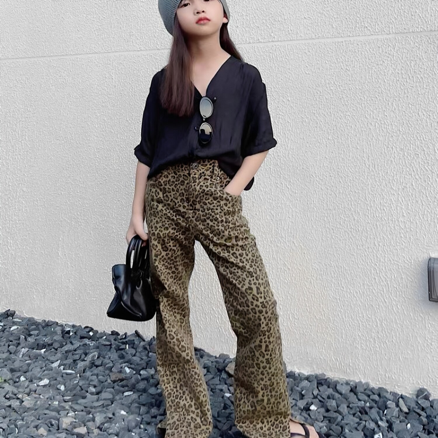 豆丁中大童时髦春夏高腰豹纹紧身弹力开叉微喇长裤牛仔裤女童韩版