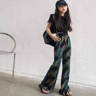 豆丁奇遇儿童洋气黑色设计感亮丝松紧嗽叭长裤夏季中大童女童裤子