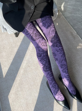 复古图腾紫色柔软舒适连裤袜女秋冬新款2025连脚花朵打底裤御姐风