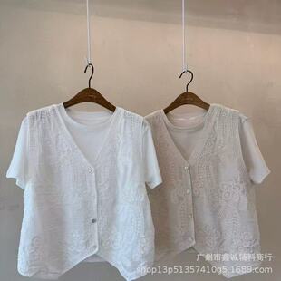 夏季新品纯色文艺复古镂空开衫马甲女装针织花边无袖叠穿上衣