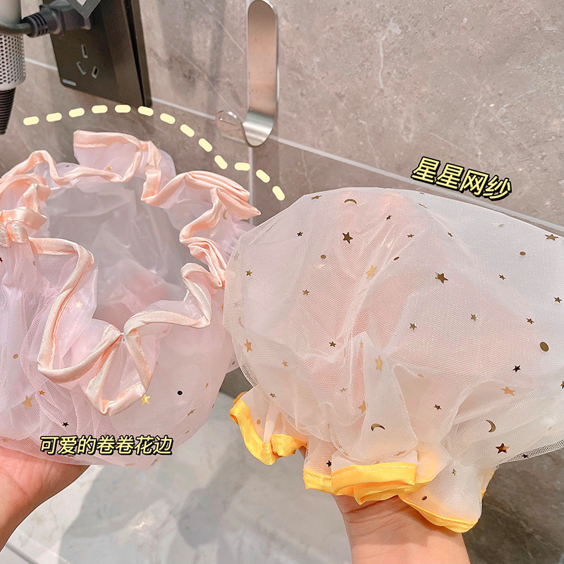 可绮双层浴帽网纱蕾丝沐浴帽包头巾加大加厚防水帽防油烟木耳边