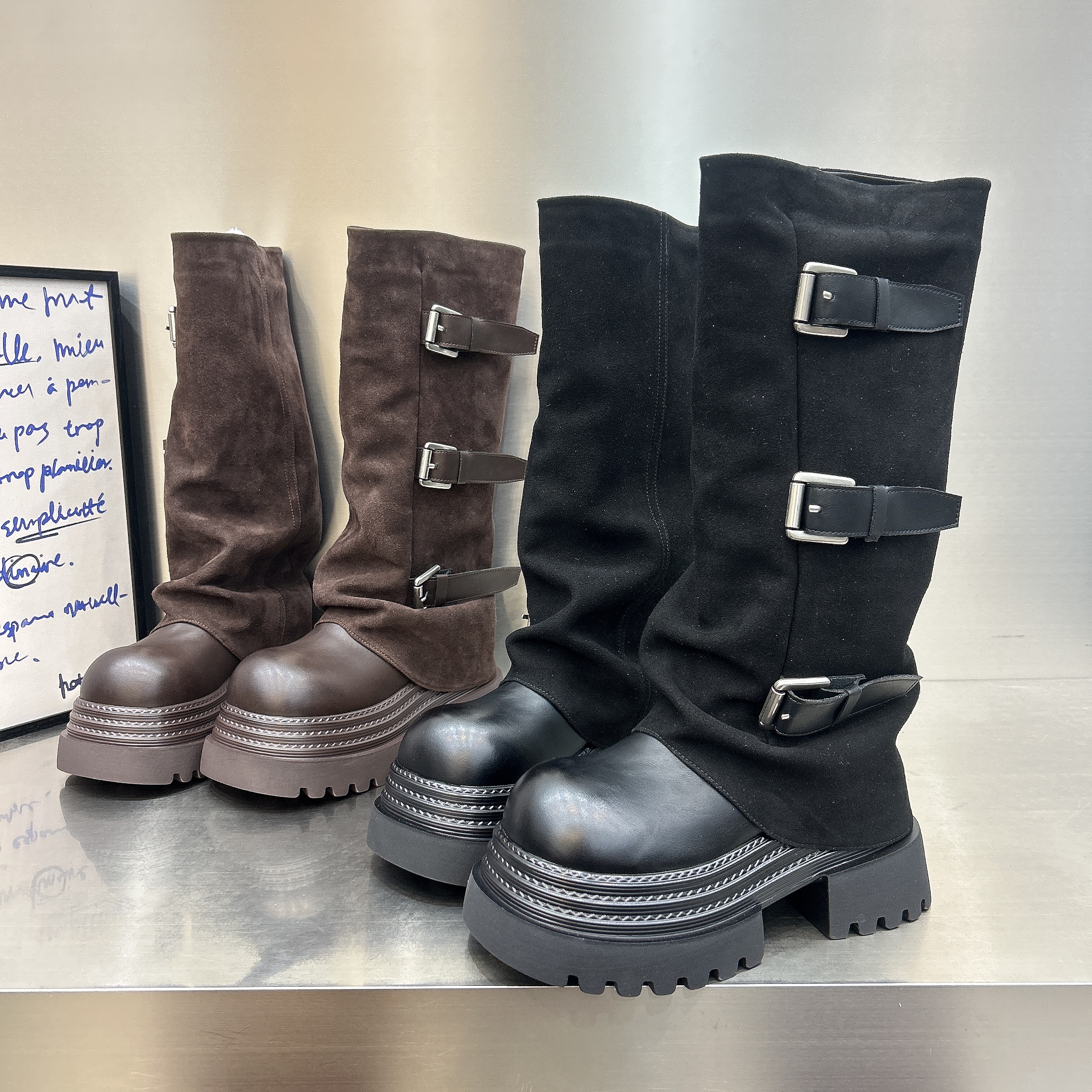 欧货2025新款不过膝裤管靴长筒靴女时尚皮带扣复古厚底堆堆靴加绒