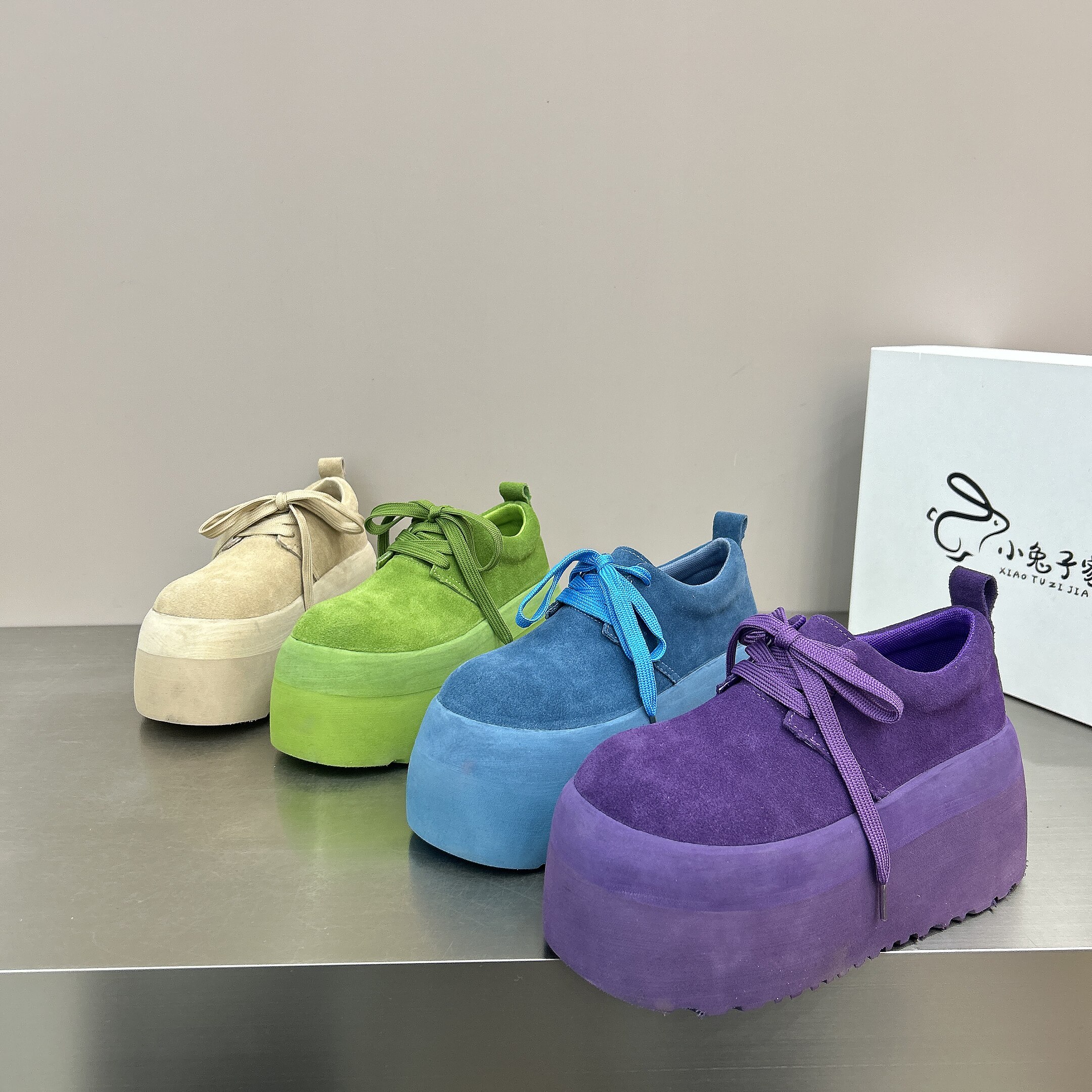 多巴胺彩色真皮磨砂松糕厚底德训鞋女面包鞋小个增高8cm休闲单鞋