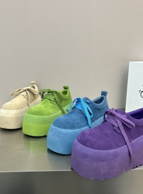 多巴胺彩色真皮磨砂松糕厚底德训鞋女面包鞋小个增高8cm休闲单鞋