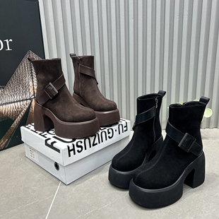 新款超高粗跟增高马丁靴女加绒棉鞋皮带反毛皮真皮超轻短靴瘦瘦靴