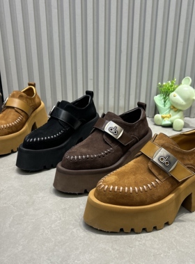 欧货磨砂乐福鞋女2026早春新款8cm厚底增高软底百搭金属扣尖头鞋