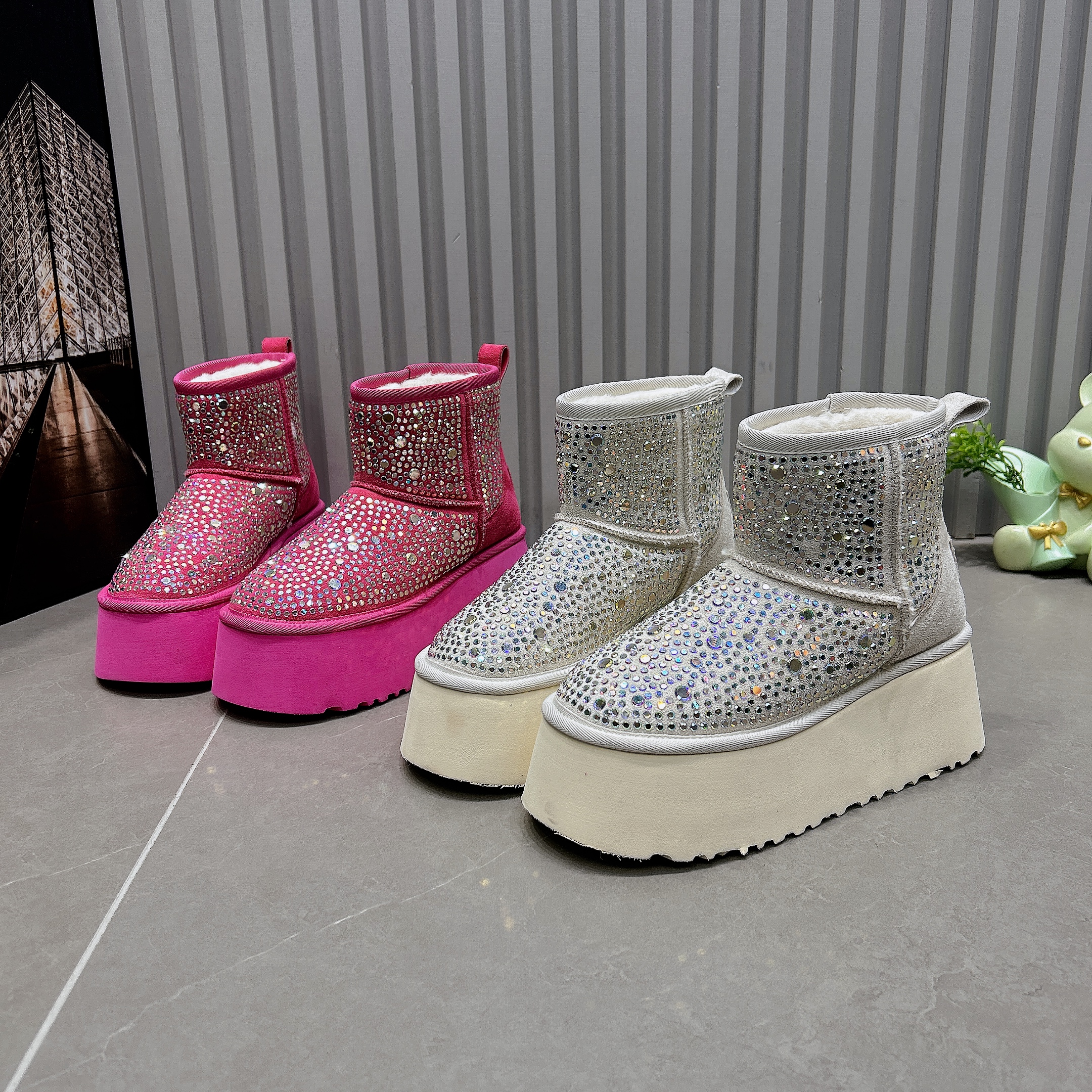 7cm厚底水钻雪地靴女鞋2025新款加绒保暖兔毛毛松糕短靴高帮棉鞋