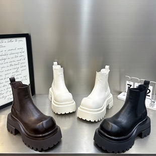 2025新款秋冬真皮厚底松糕增高圆头大头马丁靴女鞋短靴百搭一脚蹬