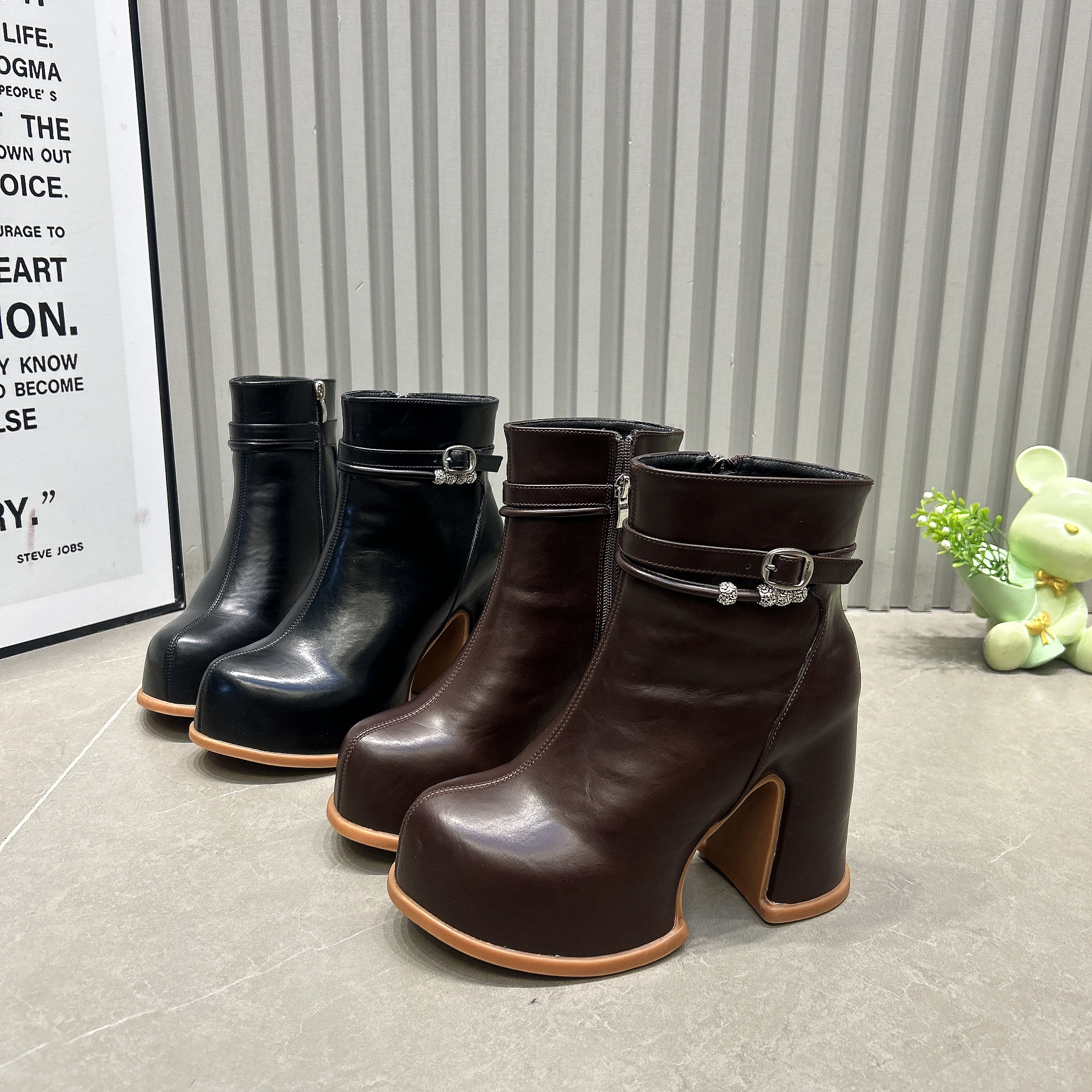 防滑粗跟防水台法式小裸靴秋冬加绒新款配裙子短靴真皮超高跟女靴