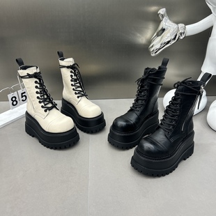 加绒 9cm增高厚底中筒系带拉链真皮骑士靴马丁靴女鞋 2025冬季 爆款