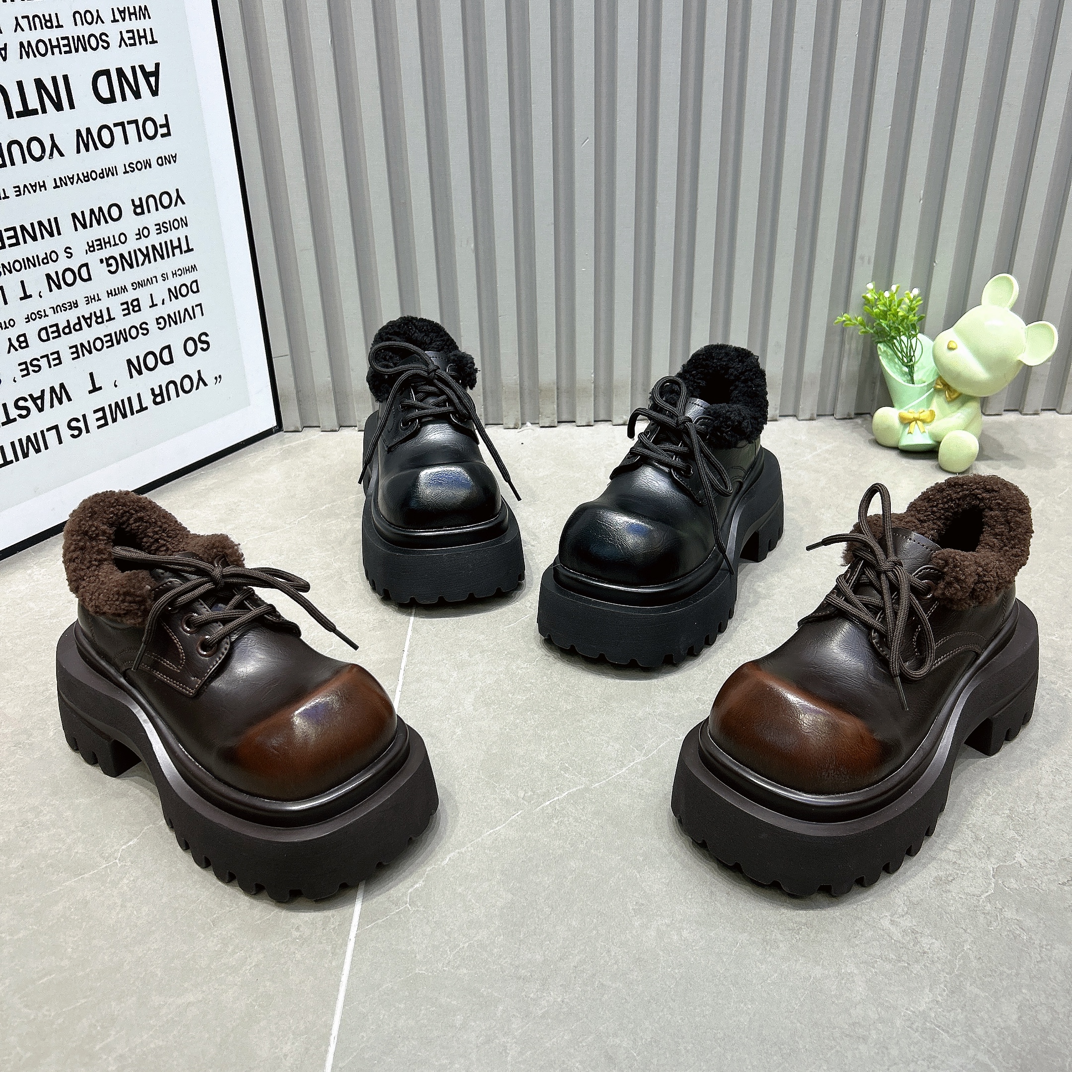 8cm真皮鹅头厚底毛毛口大头德比鞋女2025年冬新款加绒小皮鞋棉鞋