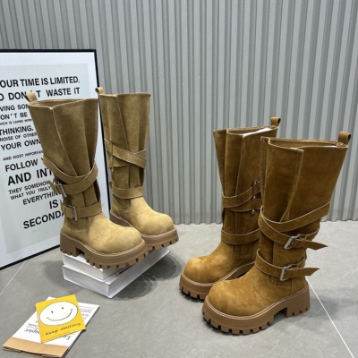 网红小个子增高复古超火爆款厚底西部靴皮带扣秋冬高筒靴女骑士靴