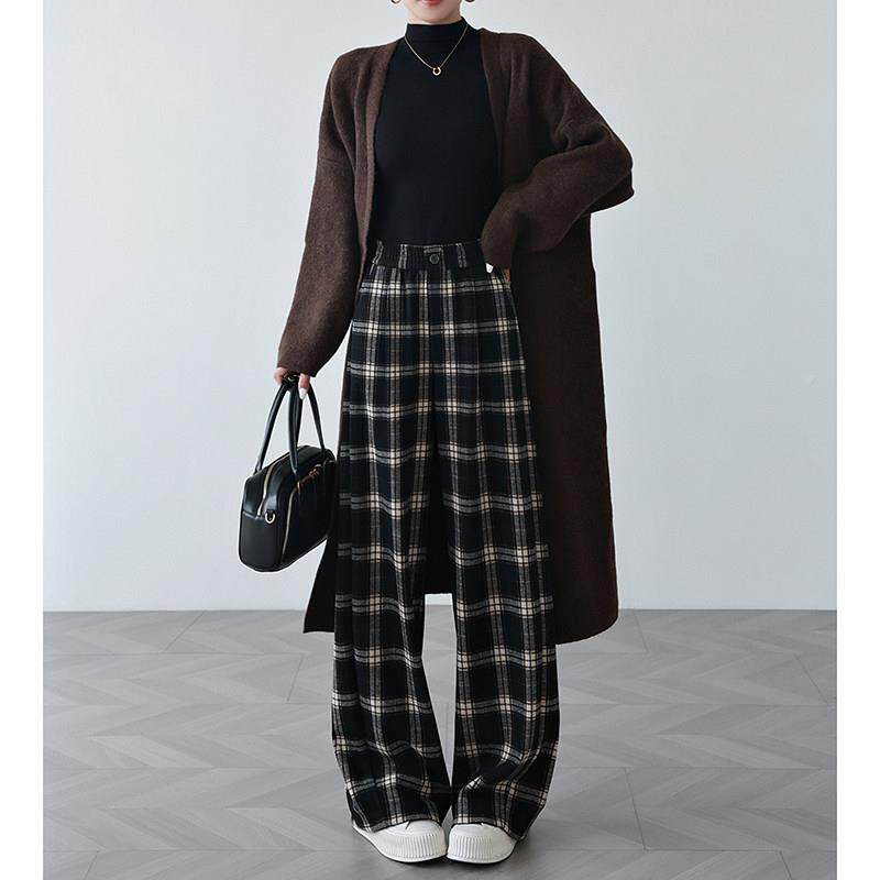 松格子裤女春秋季加绒高腰宽香蕉裤毛冬呢裤子羊24-113毛醋酸毛阔