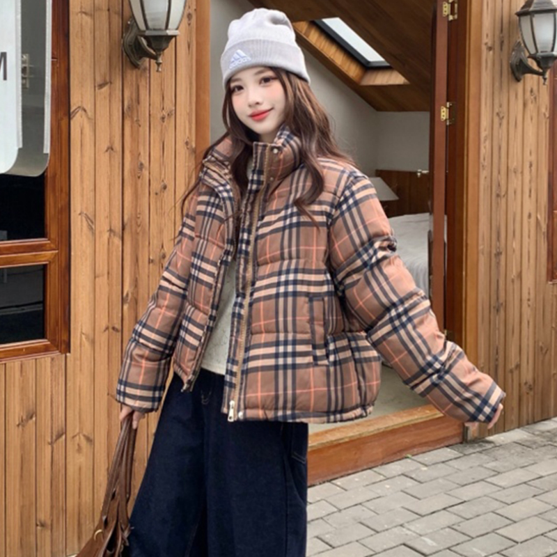 格子棉服女短款2025年冬季新款韩系卡其外套立领宽松小个子面包服