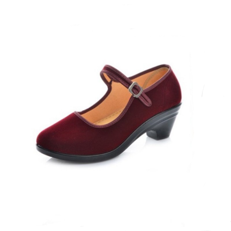 正品酒红色跳舞鞋4厘米小高跟优质平绒聚氨酯底轻便舒适工作鞋女