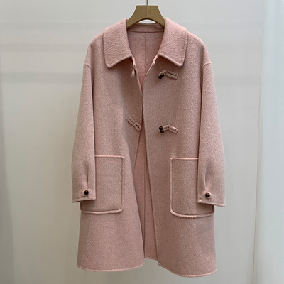 2024秋冬新款双面羊绒大衣女小个子中长款高级感减龄粉色羊毛外套