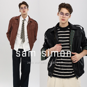 sam simon2023秋季新品复古油蜡情侣夹克皮衣秋冬外套男女同款