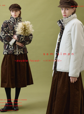 sam simon/double faced复古提花花纹羊羔毛高领初冬立领两面外套