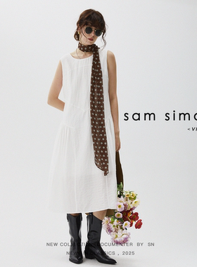 sam simon/夏日纯色凉感轻盈机理拼接大裙摆无袖连衣裙