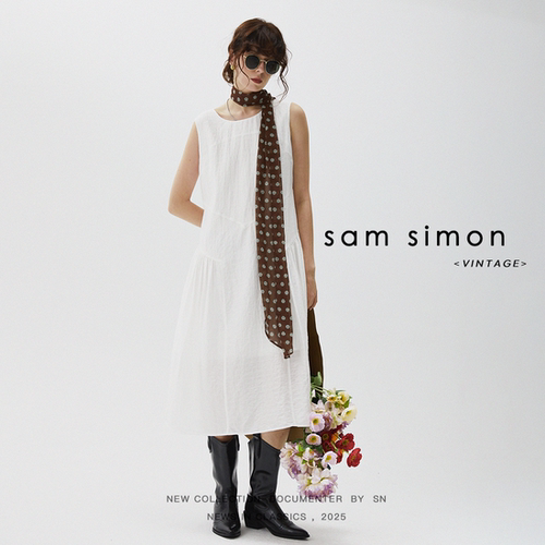 sam simon/夏日纯色凉感轻盈机理拼接大裙摆无袖连衣裙
