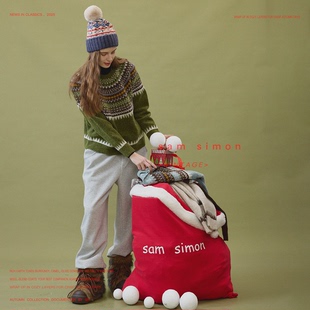 sam 冰岛系节日氛围感费尔岛提花宽松针织套头圆领毛衣 simon