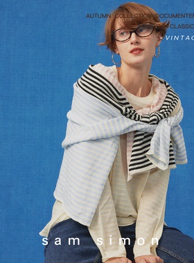 sam simon/【复古学院】秋季绵羊毛云朵0压感圆领卷边廓形毛衣
