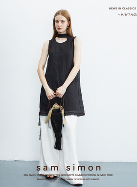 sam simon/‘浅浅呼吸’竺麻圆领蕾丝飘带夏季松弛感无袖连衣裙