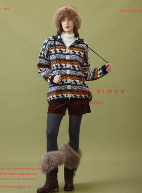 sam simon/‘冬日魔方’复古风慵懒感羊毛羊绒拉毛连帽开衫毛衣