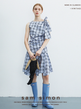 sam simon/‘夏日格调’全棉泡泡格纹肩部纽结无袖背心+灵动半裙