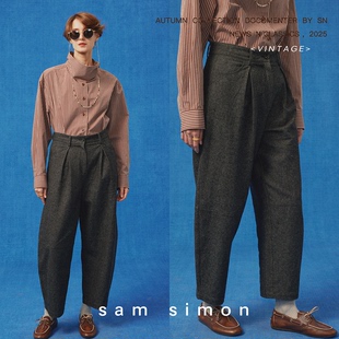 sam simon/天然机能主义复古弯刀水洗拼接裁剪休闲裤女款