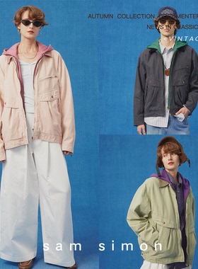 sam simon/春季复古水洗撞色假两件哈灵顿工装夹克外套男女同款