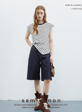 sam simon/90S松弛海魂纽结不规则设计感云朵小飞袖短袖T恤