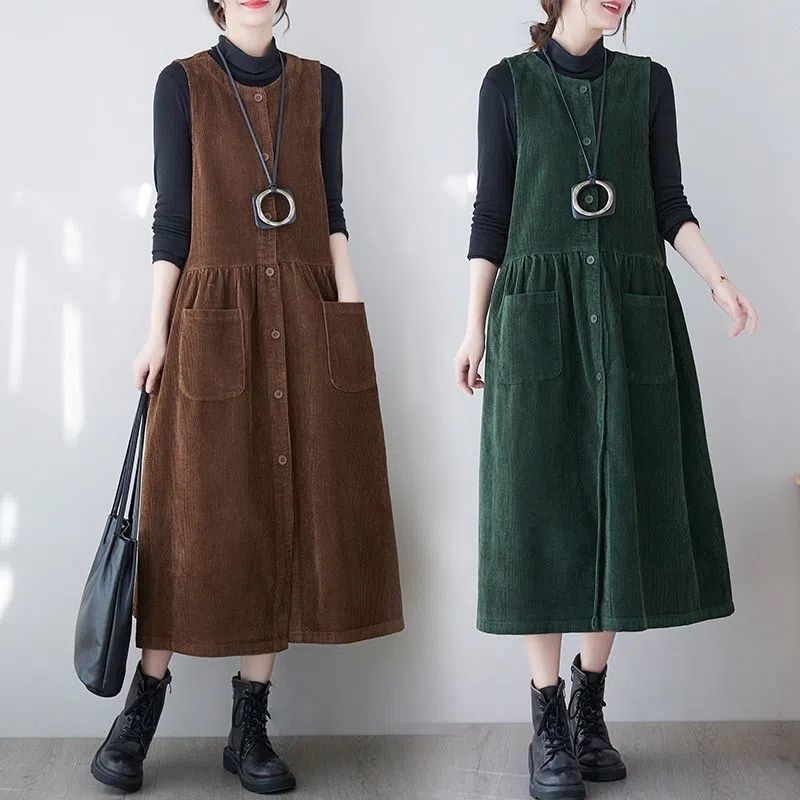 文艺范春秋新款灯芯绒连衣裙女无袖宽松复古过膝中长款开襟背心裙