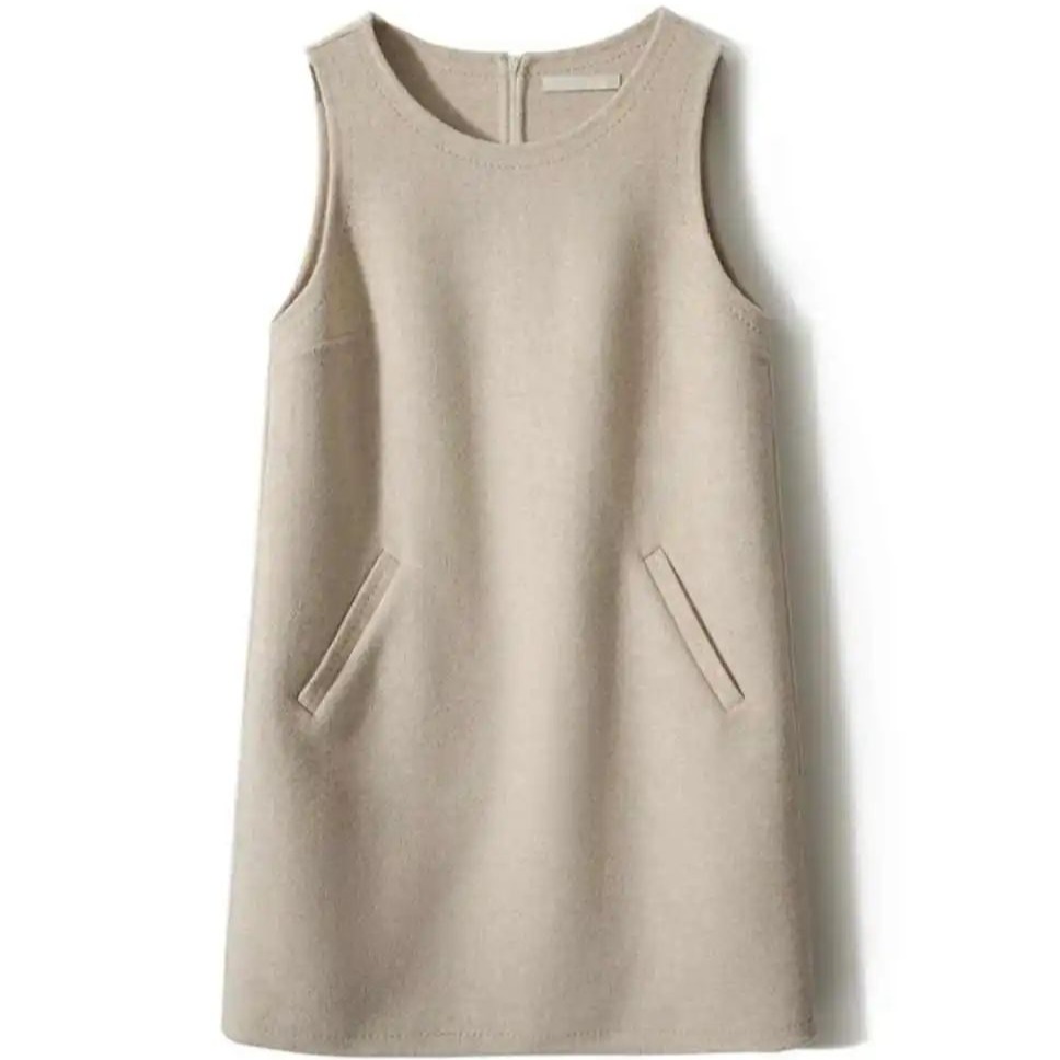 优雅风高级气质春秋季新品双面呢叠搭纯色中裙无袖背心毛呢连衣裙