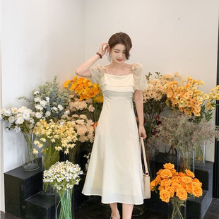 温柔风气质法式连衣裙方领泡泡袖女神范中长款收腰显瘦桔梗裙夏季