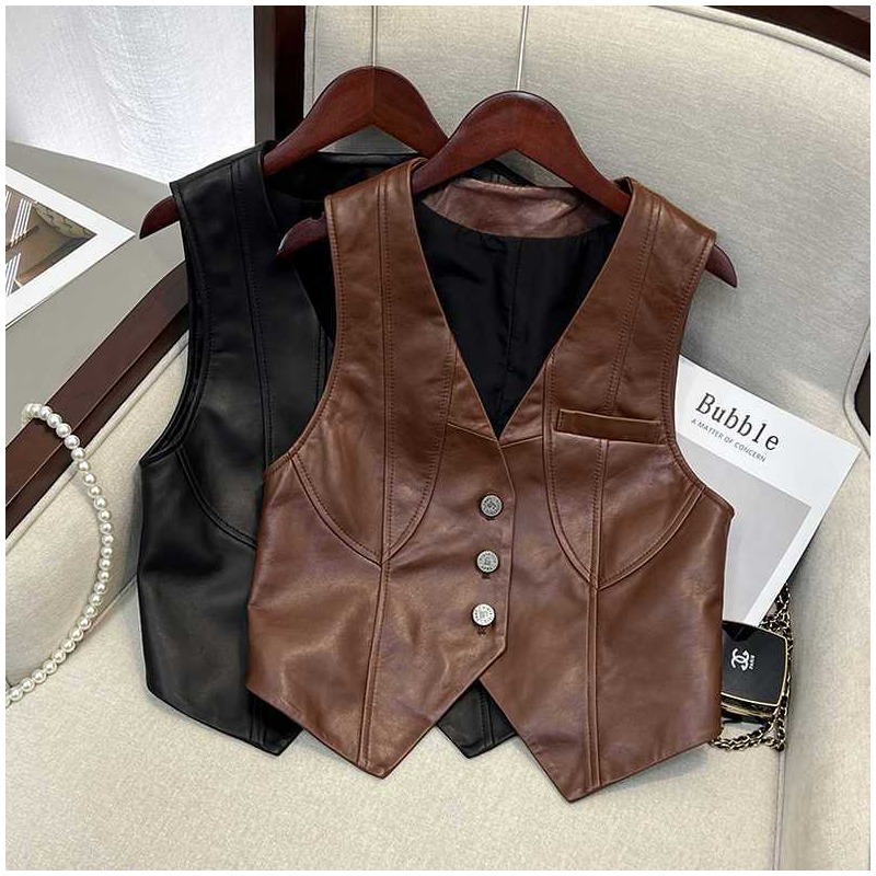 2025春秋款新款高腰PU假口袋马甲背心修身设计感复古上衣皮夹克女